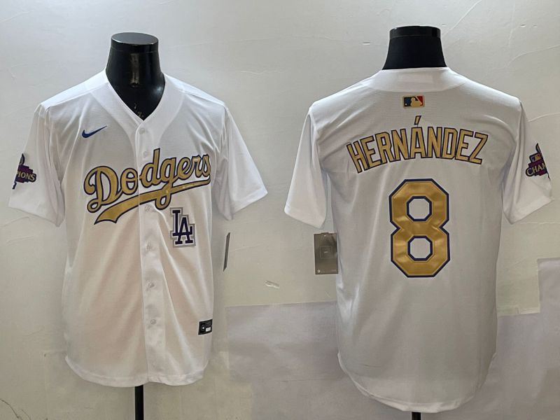 Men Los Angeles Dodgers #8 Hernandez White Champion gold character 2025 Nike MLB Jersey style 13